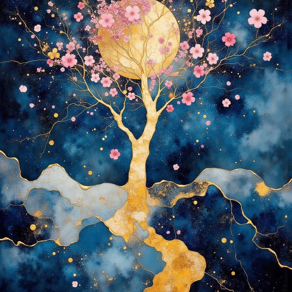 Gravity-Reversed Sakura Storm in Ukiyo-e Style