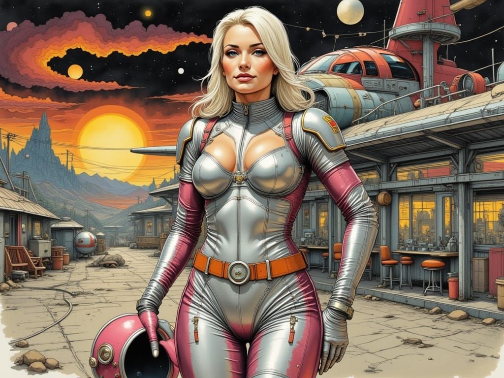 Woman in Silver Spacesuit at Intergalactic Gas Station