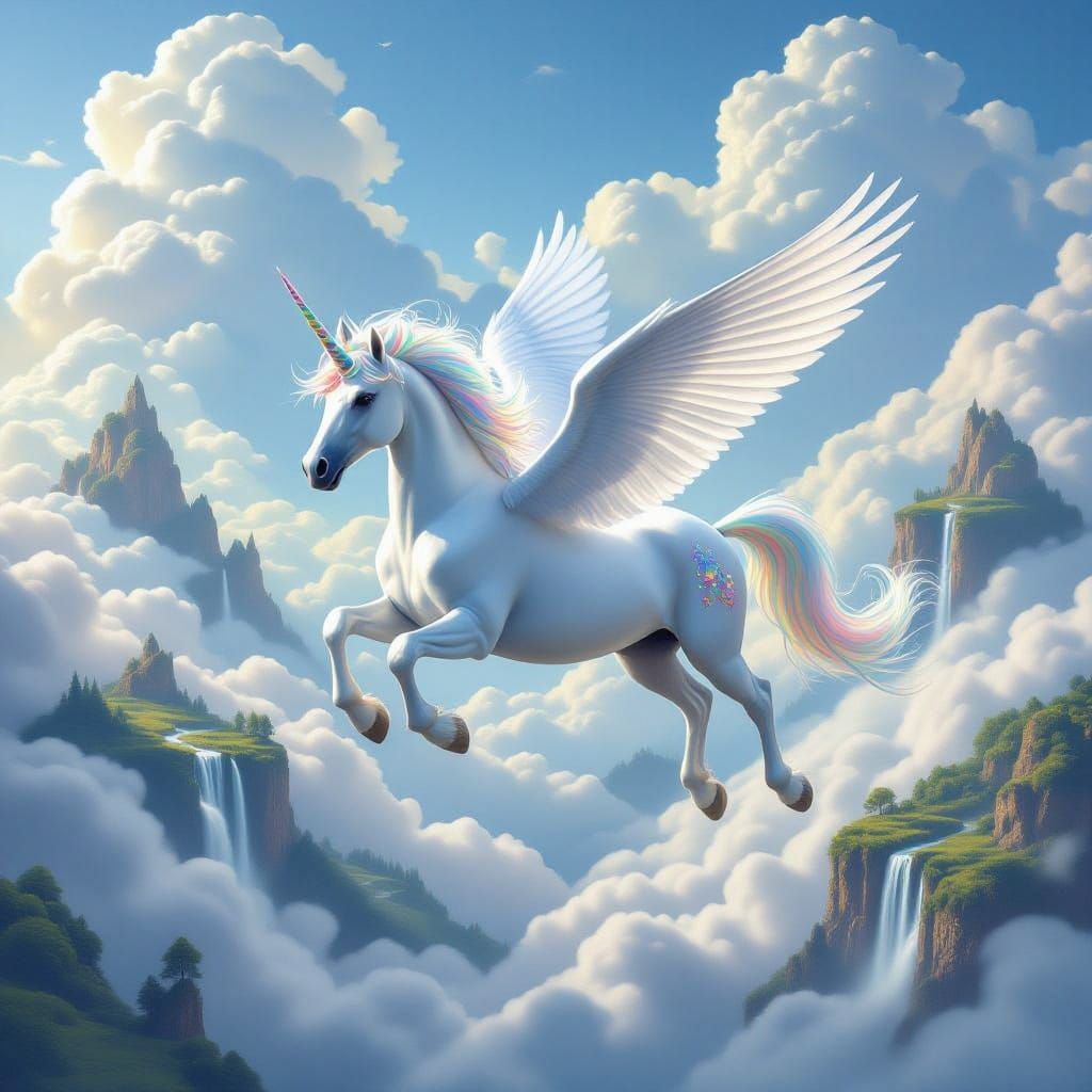 Majestic Pegasus Unicorn Soars Over Dreamlike Cloud Bridge