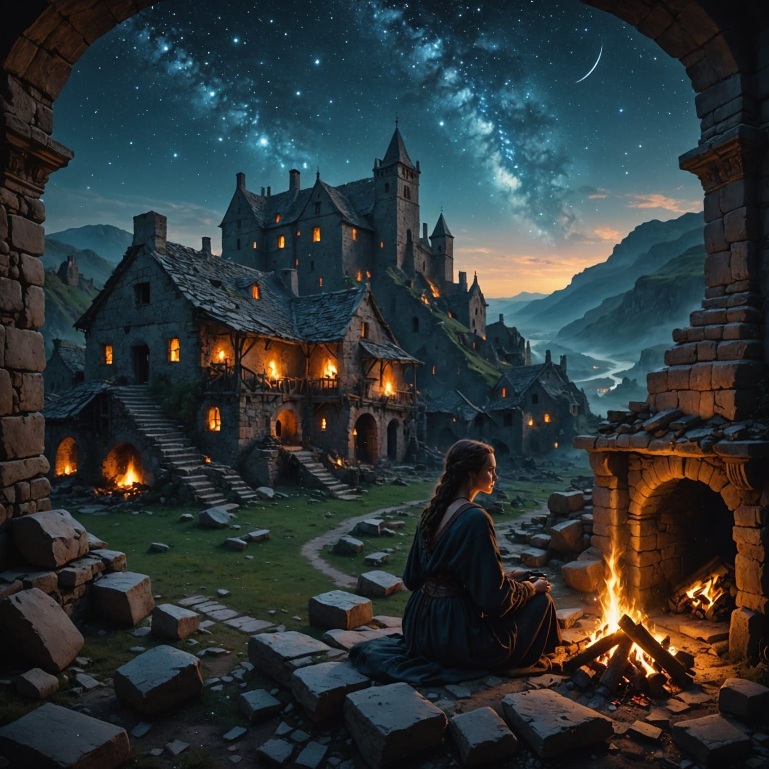 Traveler Resting in Ancient Stone Village Ruins