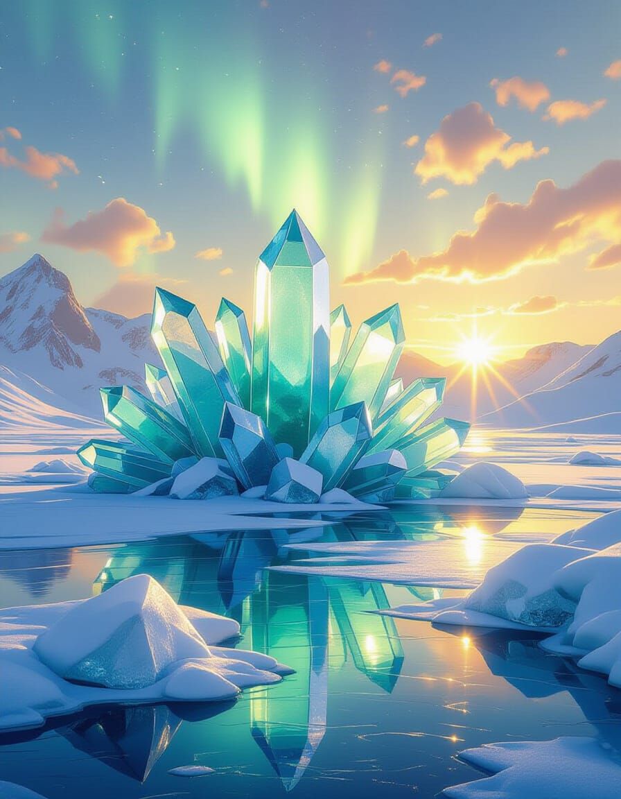 Fantasy Ice Field with Crystal Shards Under Prismatic Sky