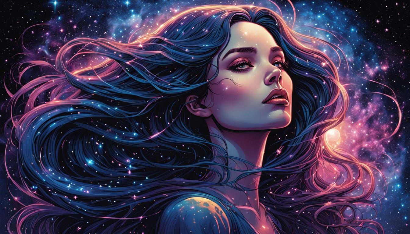 Vampire Goddess with Galaxy Hair, Airbrushed Portrait