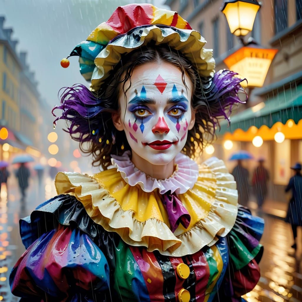 Harlequin Clown in Rainy Impressionism