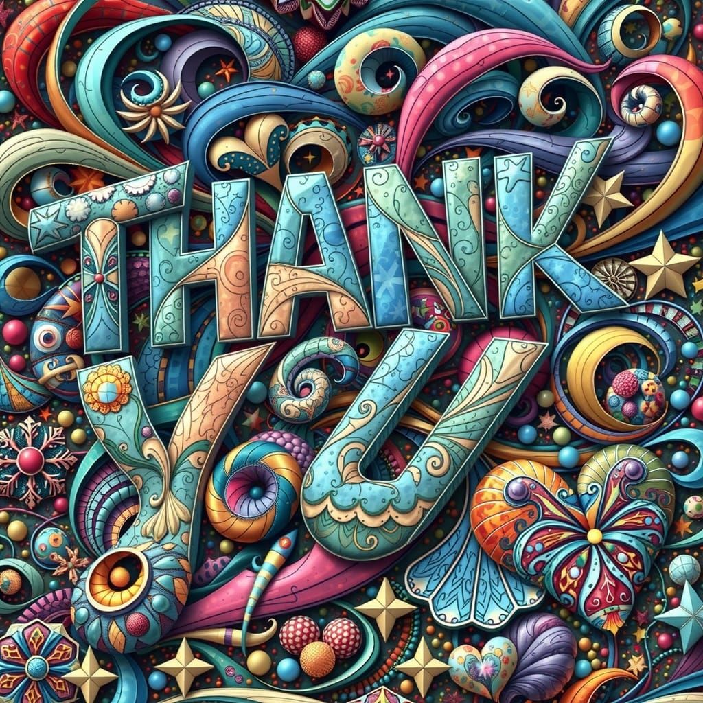 Text that says "THANK" and "YOU" on two separate lines in a whimsical curly psychedelic textured font. Bold, extra bold,...