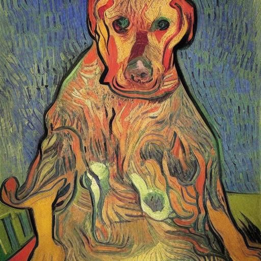 Fluorescent Dog and Old Woman: A Van Gogh-esque Scene