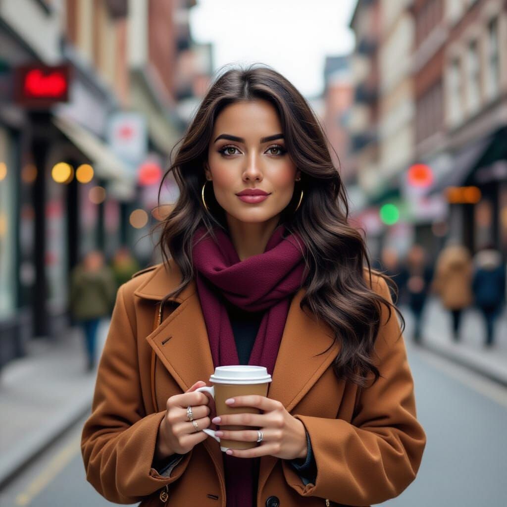 Digital Painting of Woman with Purple Hair in Autumn City
