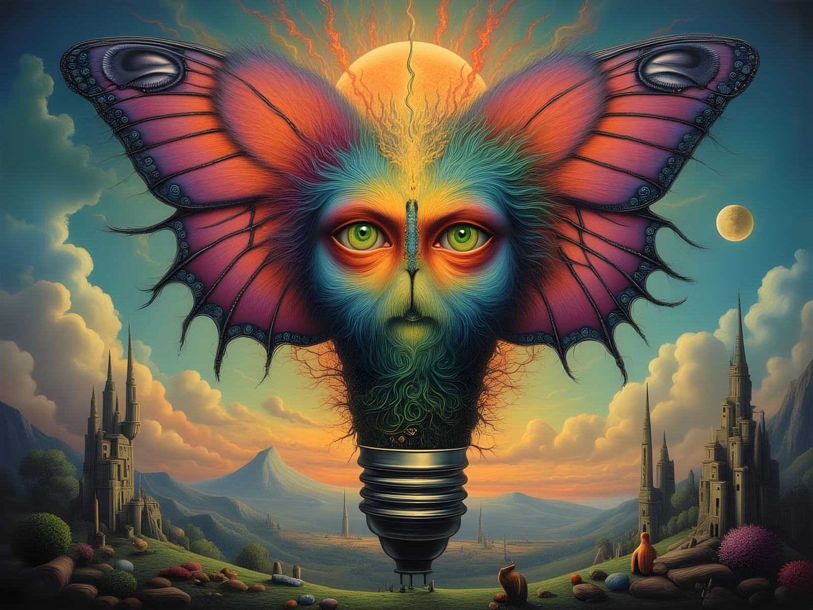 Surreal Forest Fire Butterfly Lightbulb Concept Art