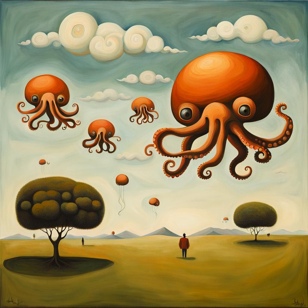 Surreal Pastoral Scene with Flying Octopuses