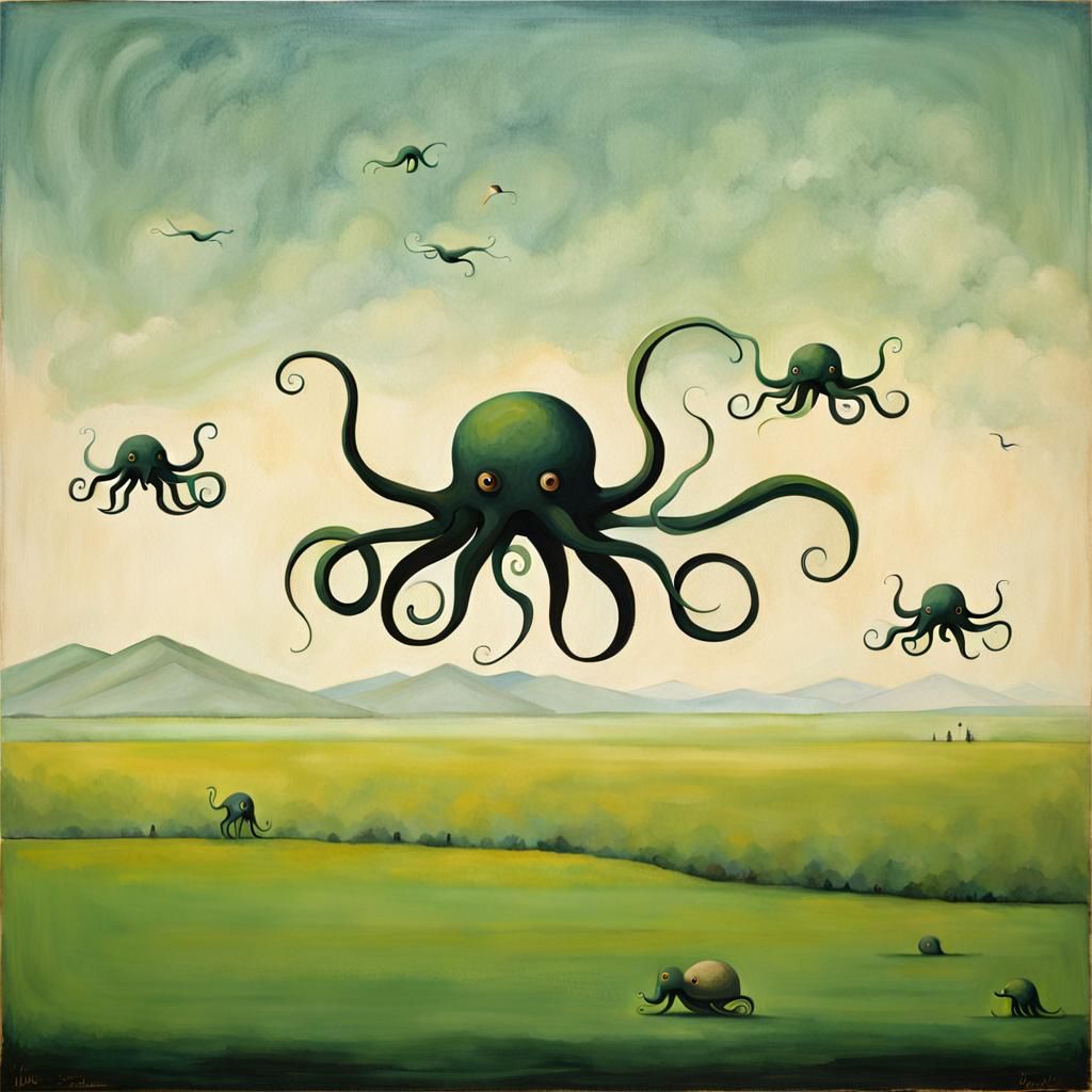 Surreal Pastoral Scene with Flying Octopuses