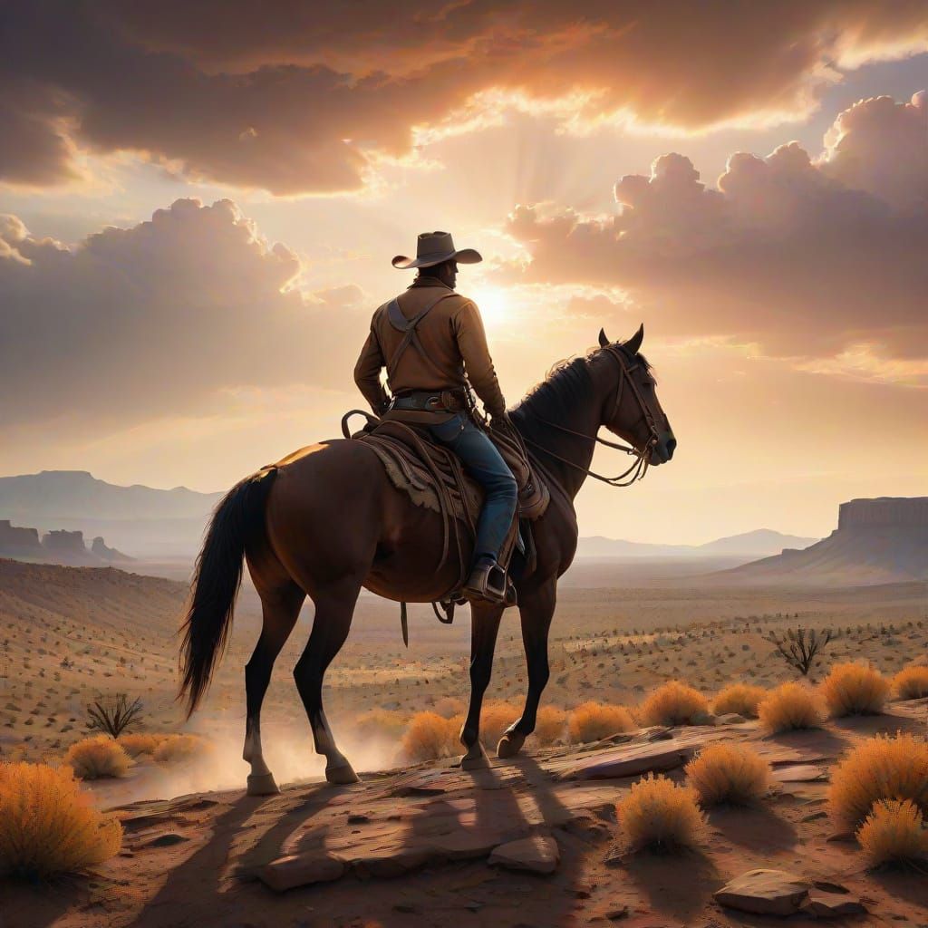 Heroic Cowboy Rides Off into the Sunset in Vibrant Oil Paint...