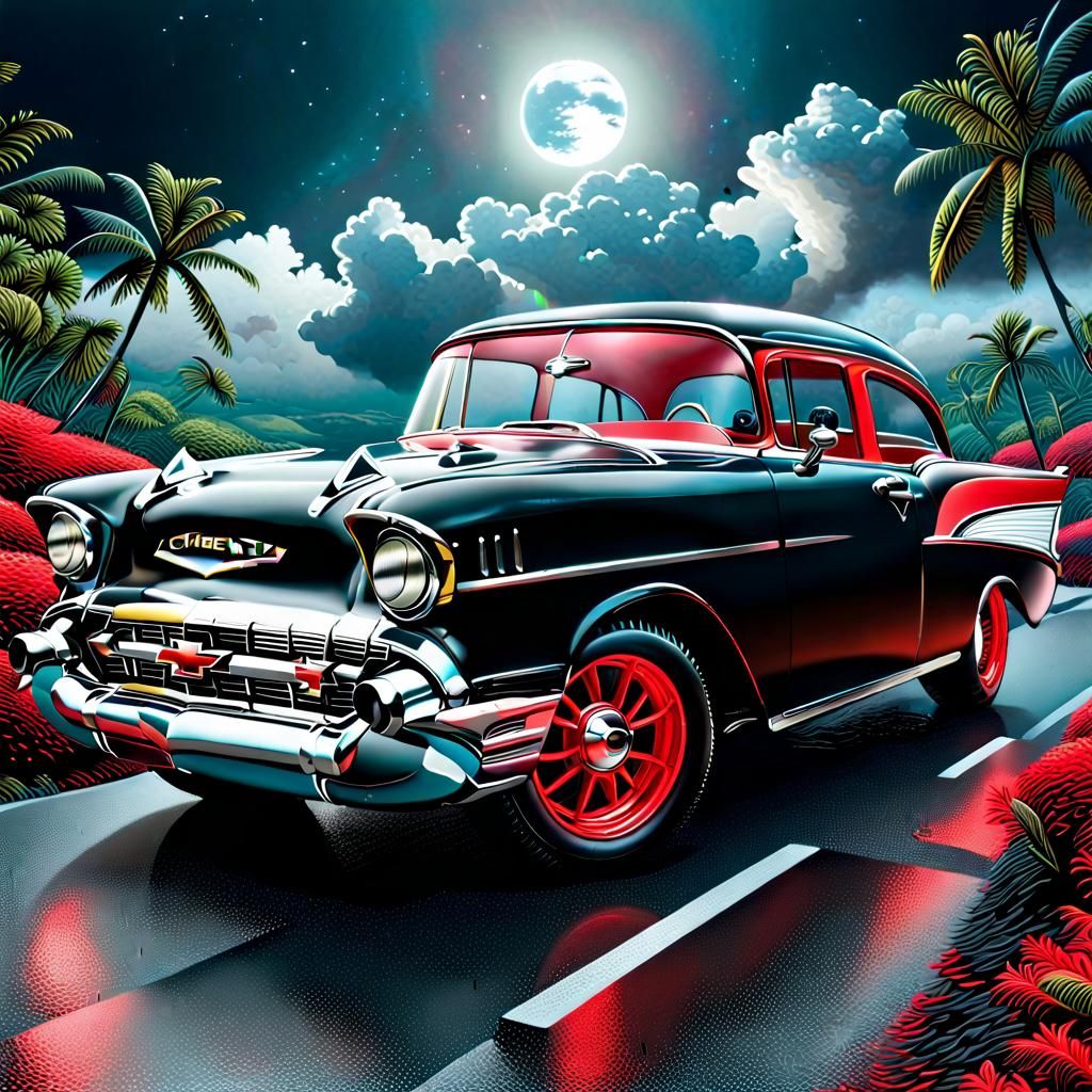 Black 1957 Chevy with Red Wheels