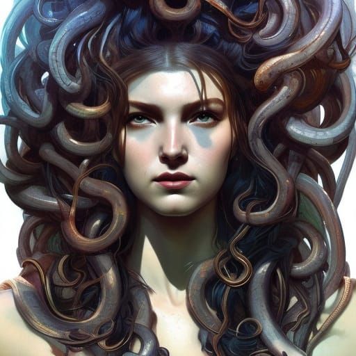 Medusa Portrait with Snake Hair, Hyperdetailed Concept Art