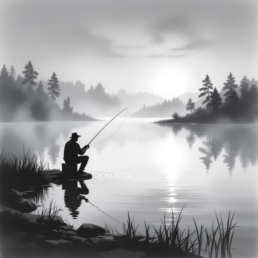 Fisherman at Dawn: A Solitary Charcoal Drawing