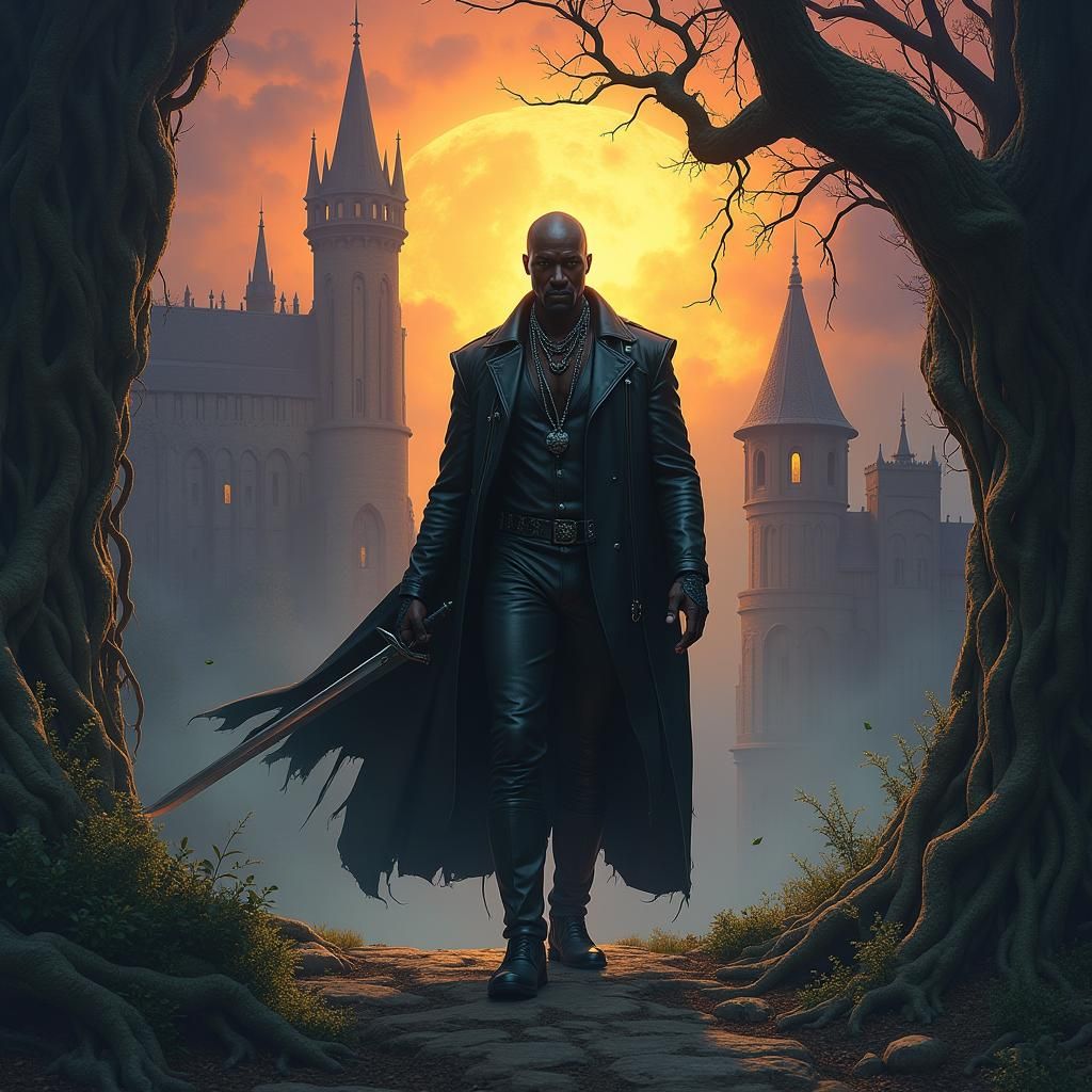 Dark Fantasy Blade in a Gothic Cityscape