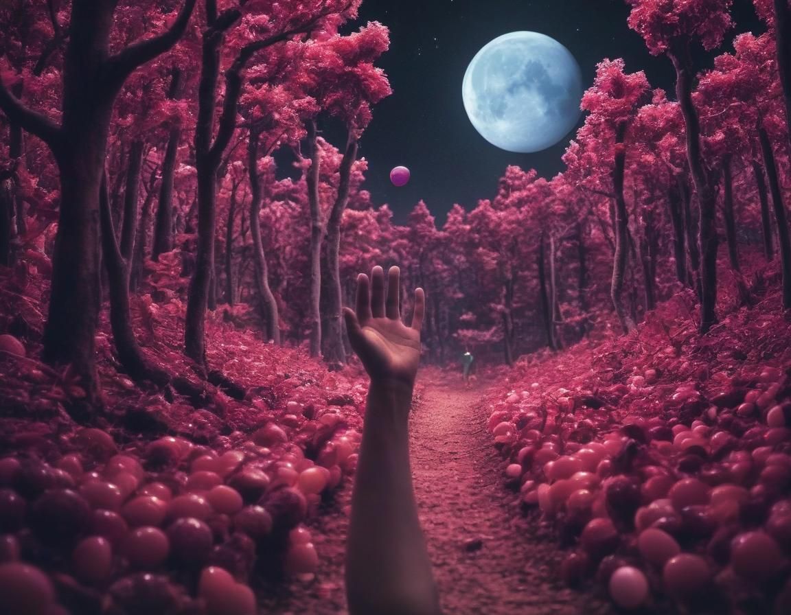 Surreal Hand Waving at Moon in Candy Forest