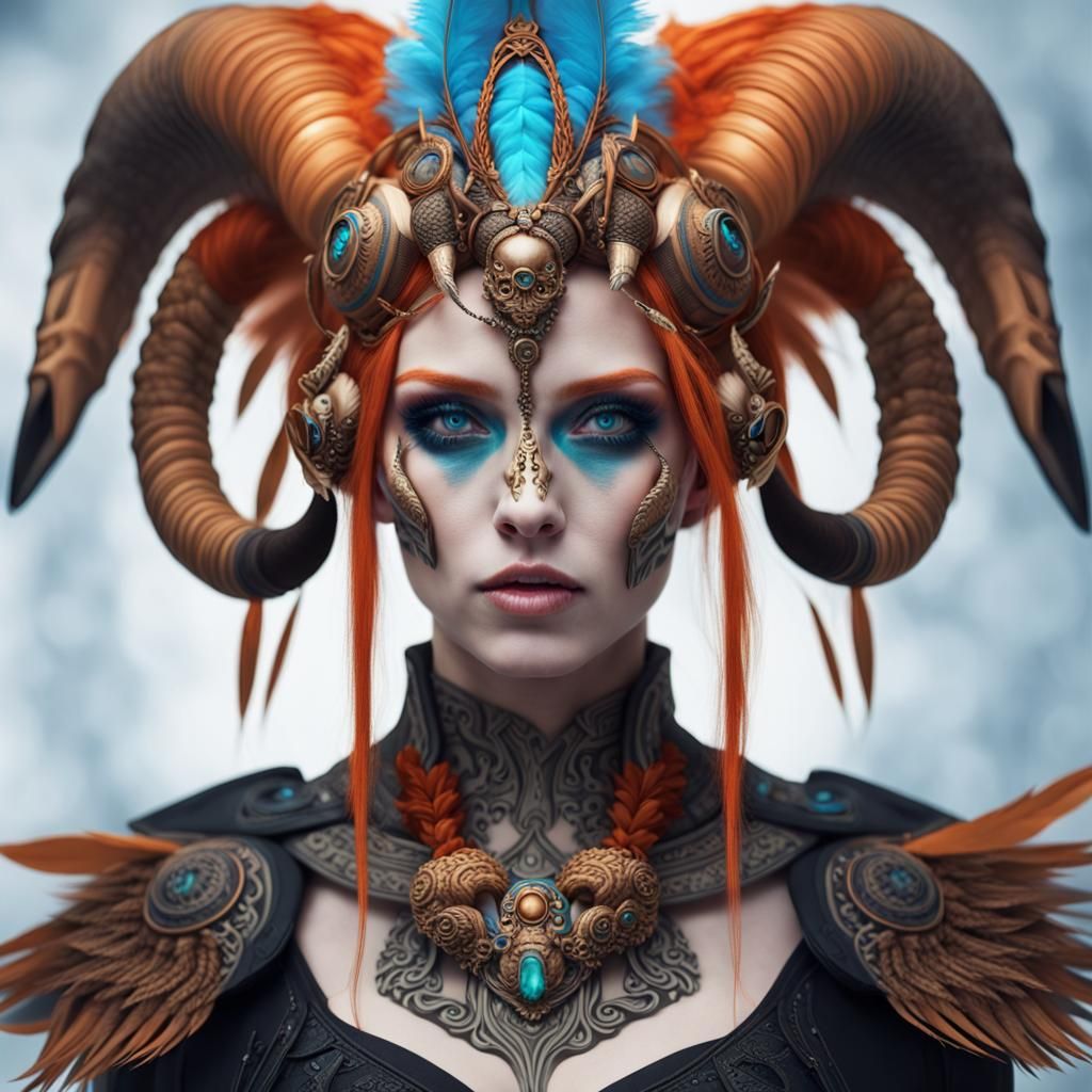 Woman with Glowing Eyes and Skull Headpiece