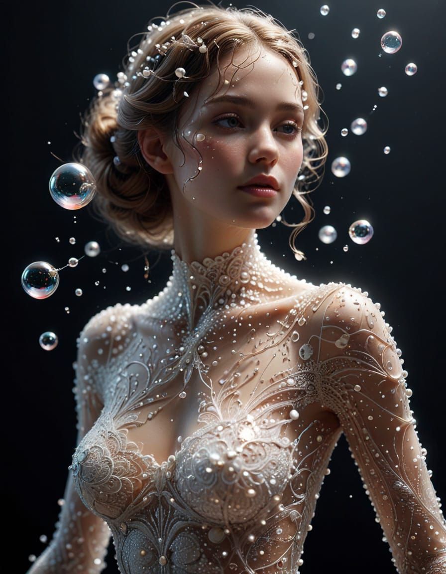 Woman Made of Glowing Bubbles, Pearls, and Lace