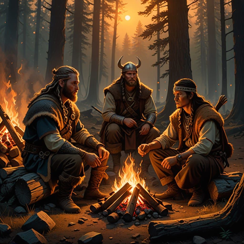 Viking and Native American Share a Campfire in the Forest