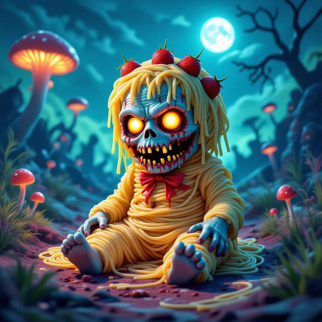 Delicious Spaghetti Ice Cream Zombie in Eerie Landscape