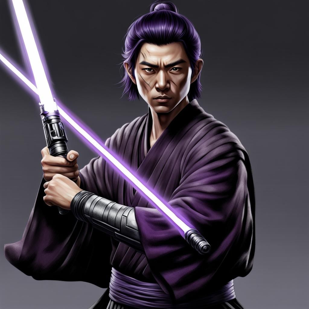 Young Asian Jedi with Purple Lightsaber and Scars