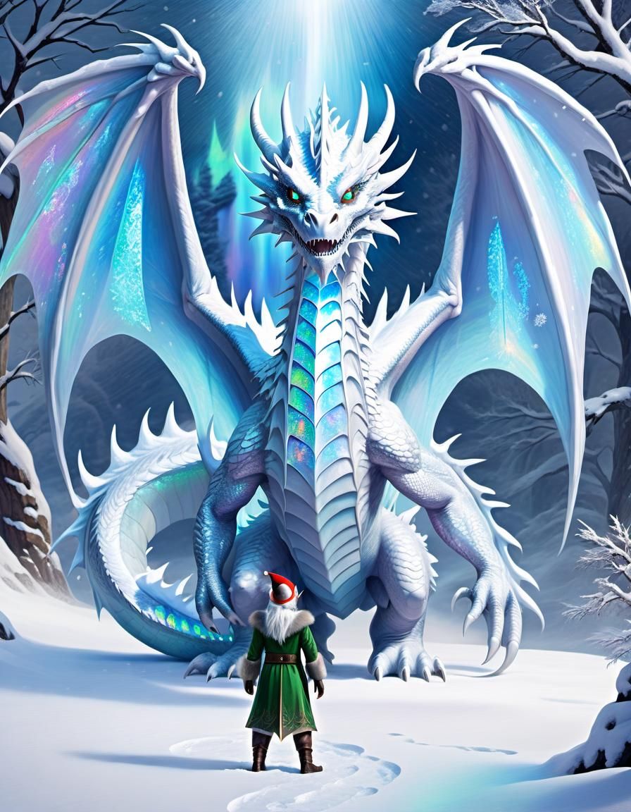 A holographic  Snow dragon wings "is he dinner?"
