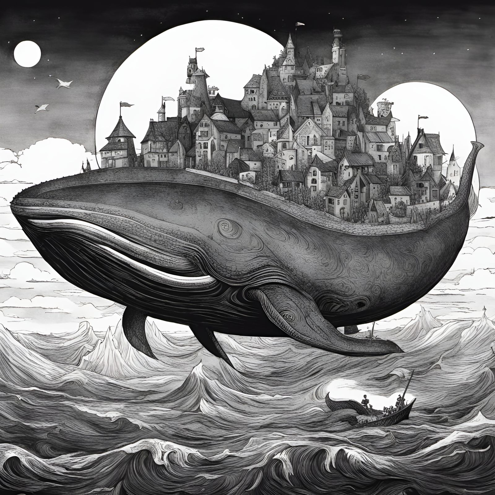 Whale Village: Black and White Ink Fantasy