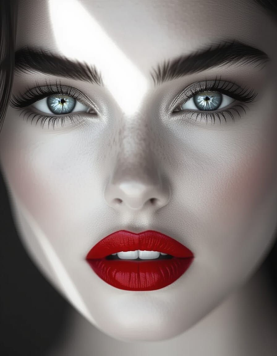 Monochrome Portrait with Striking Blue Eyes and Red Lips
