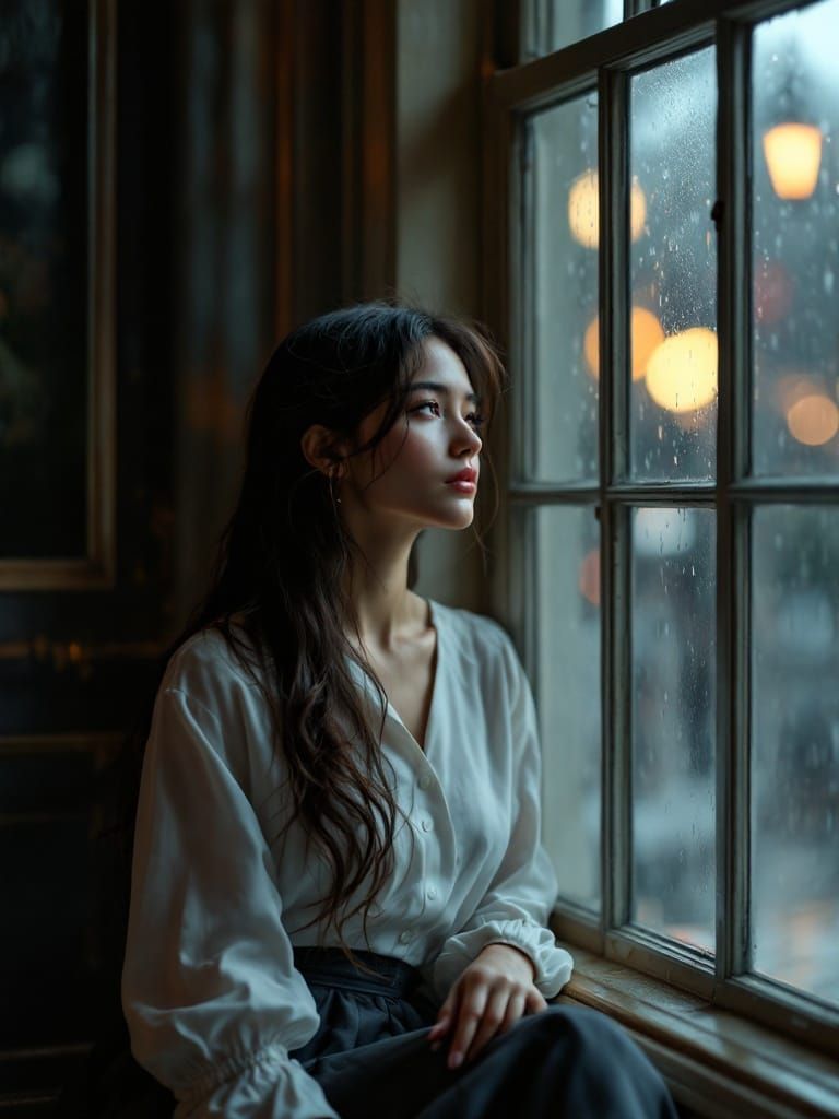 Serenely Contemplative Woman in Rainy Day Window Scene