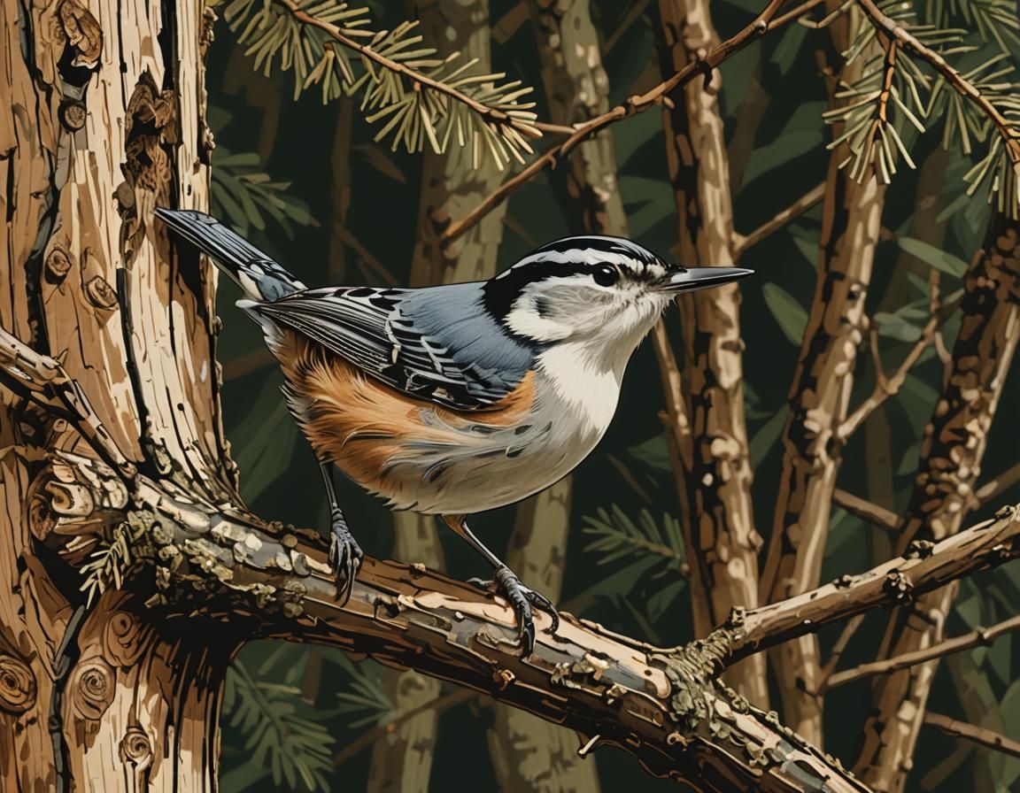 Nuthatch in Forest, 19th Century Woodcut Style