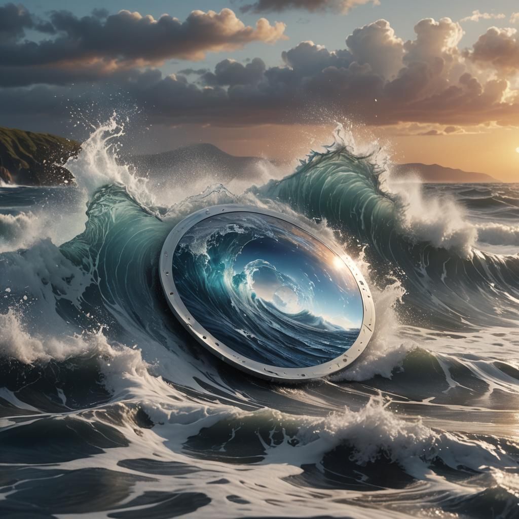 Silver Disc Emerges from Ocean: Cinematic Digital Art