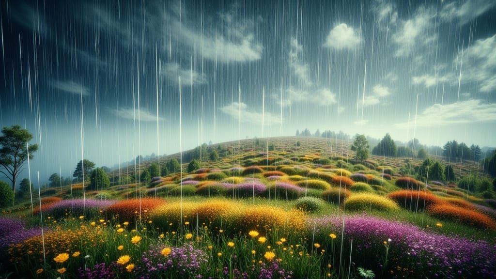 Rain on Vibrant Hillside: Minimalist Arcane Card