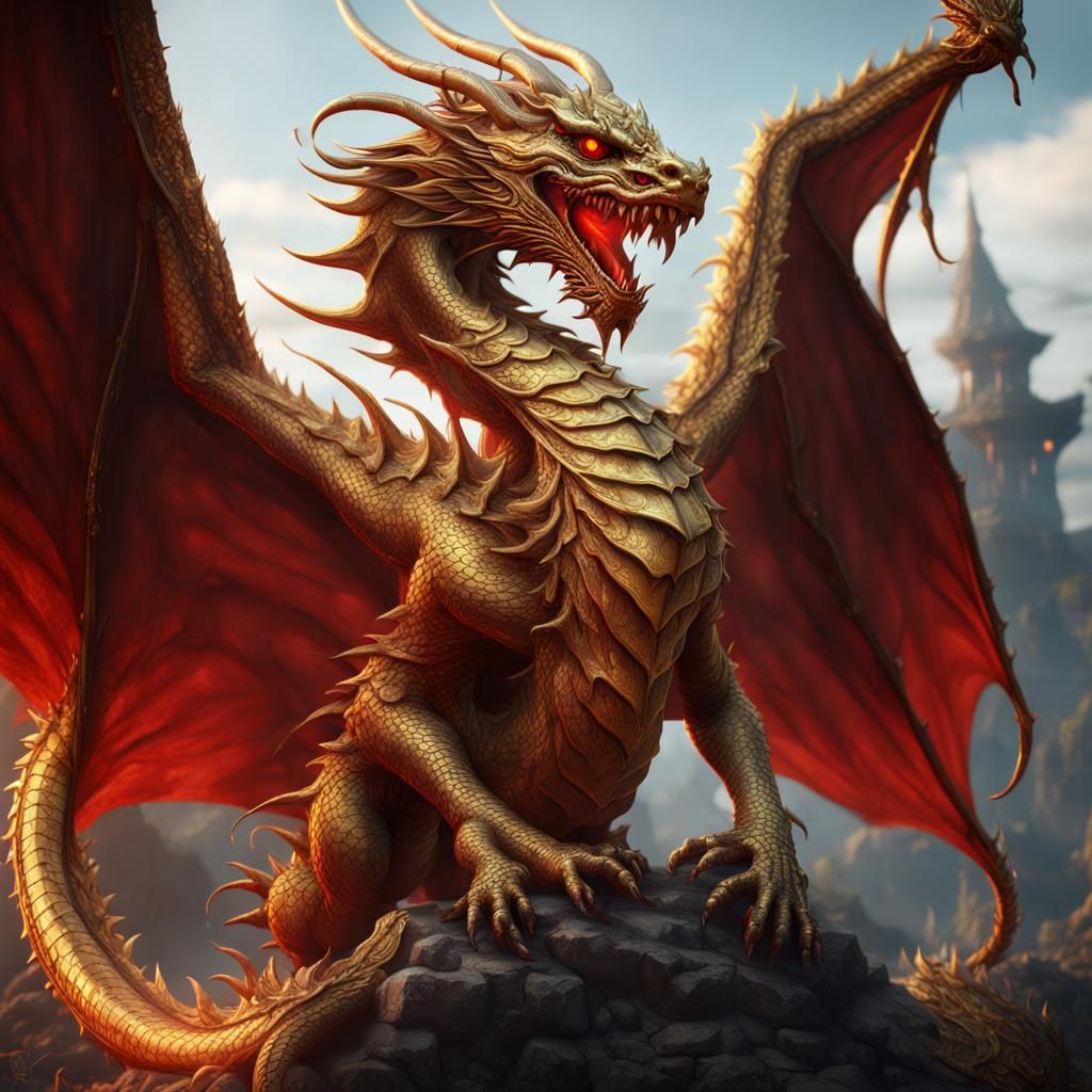Golden Dragon with Red Eyes: Detailed Matte Painting