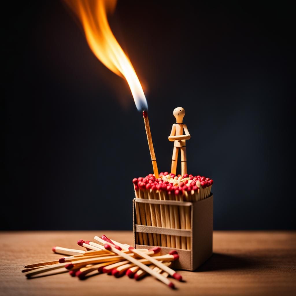 Contemplative Matchstick Man Amidst Burning Matchbox