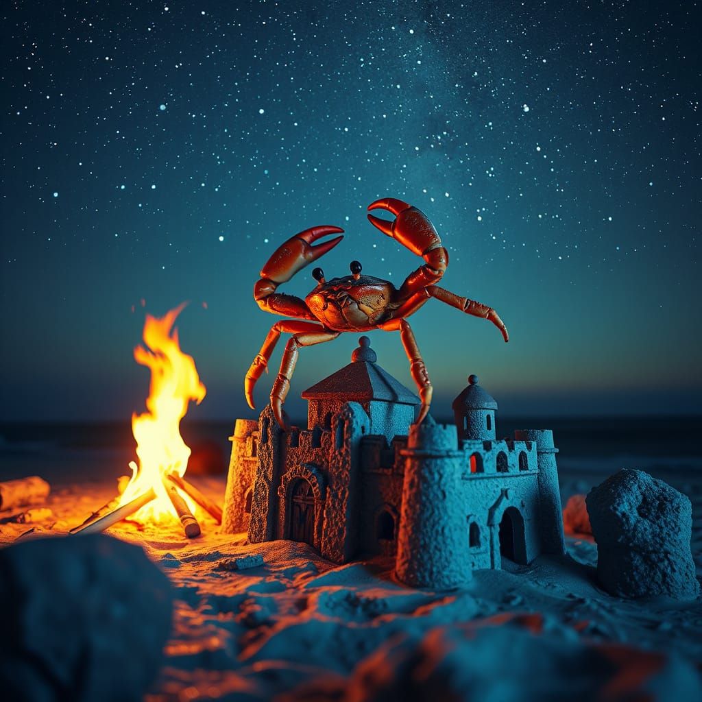 crab on the sandcastle by a bonfire on the beach