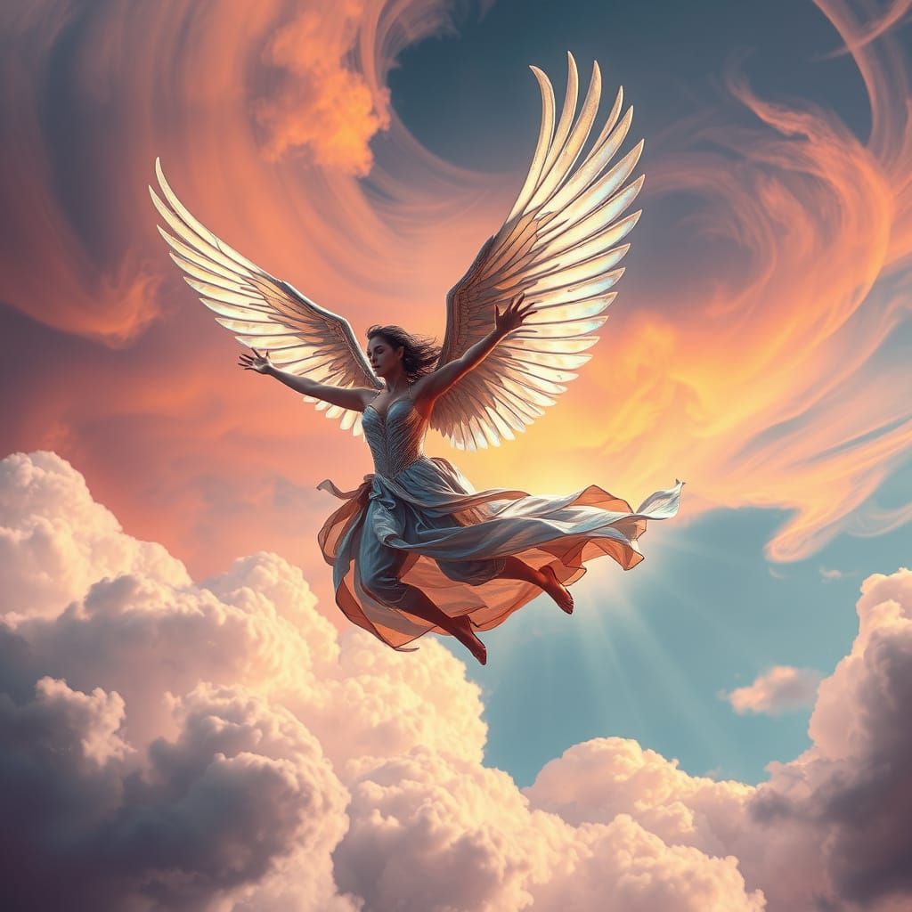 Winged Figure in Flight: Hyperrealistic Cinematic Art