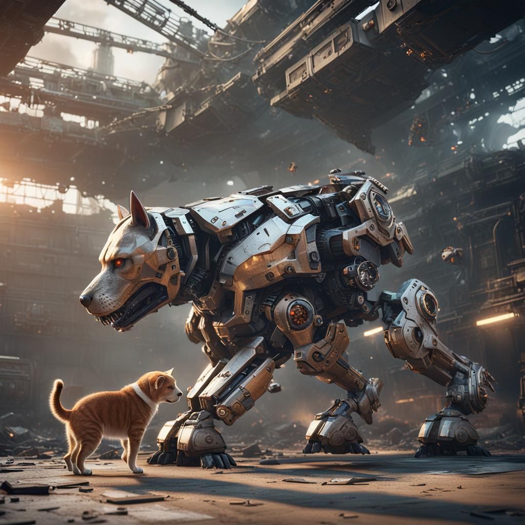 Futuristic Metal Dog vs Cat Fight in Sci-Fi Style