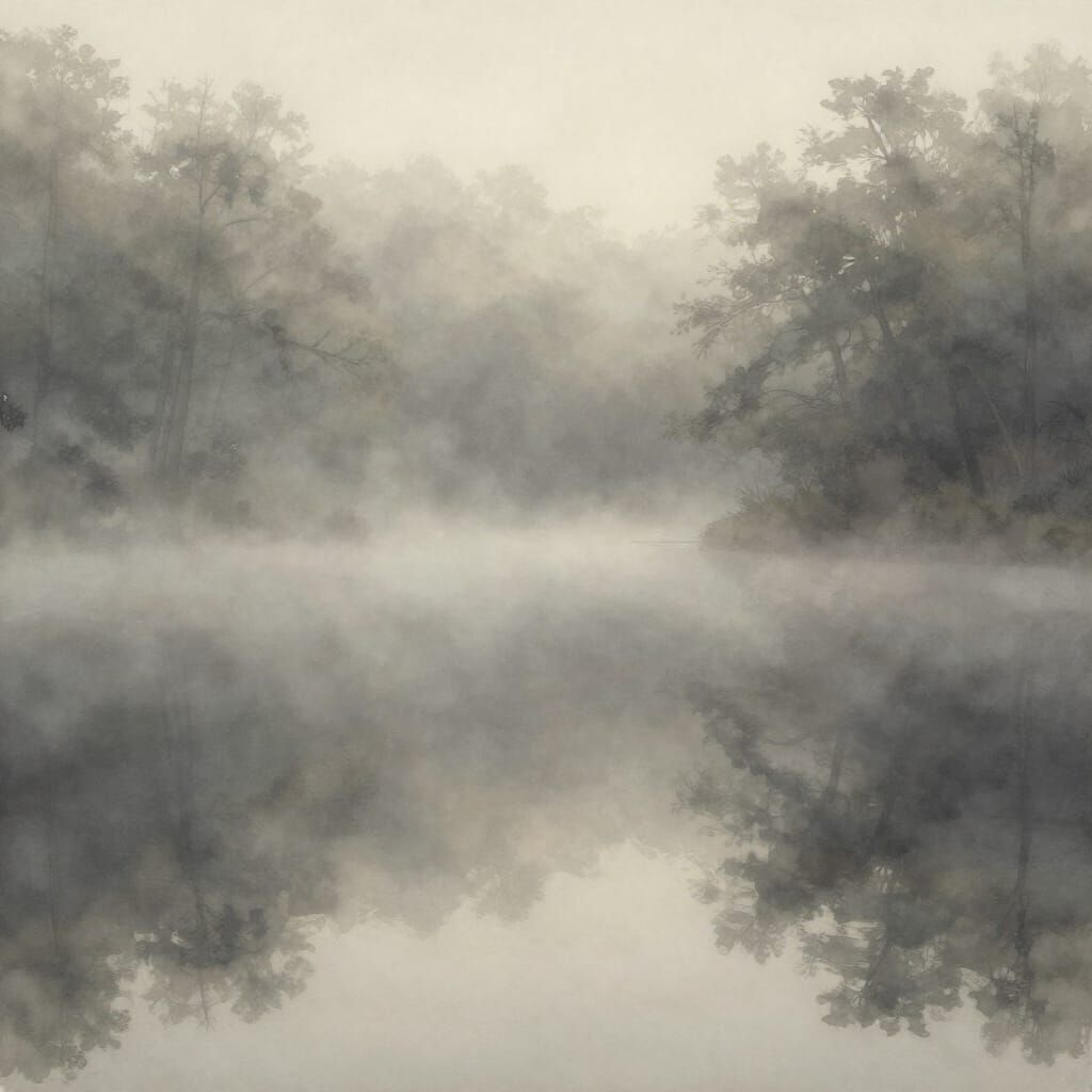 Misty Forest Lake in Soft Abstract Shapes