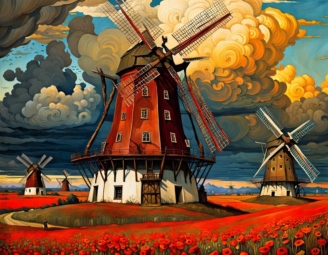 Burgundy Windmills in Poppy Field: Expressionist Painting
