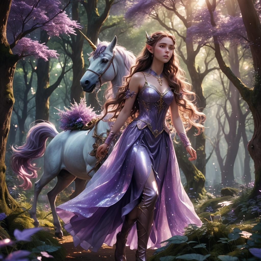 Elf on Unicorn in Mystical Forest, 3D Anime Art