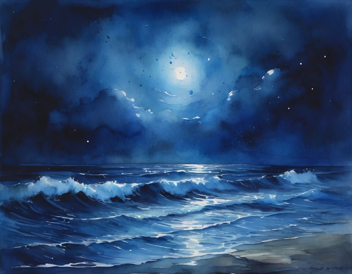 Ethereal Midnight Sea Under Stormy Skies in Watercolor