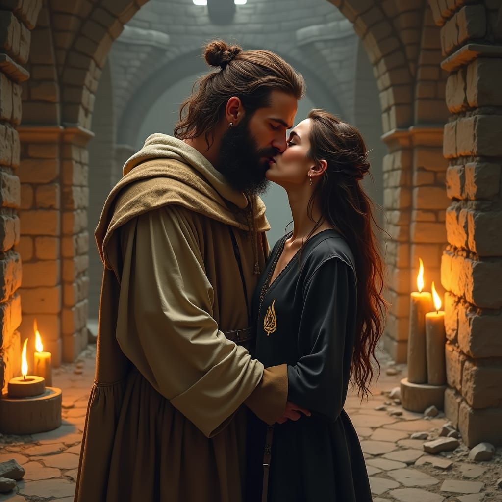 Romantic Kiss in Dimly Lit Fantasy Chamber