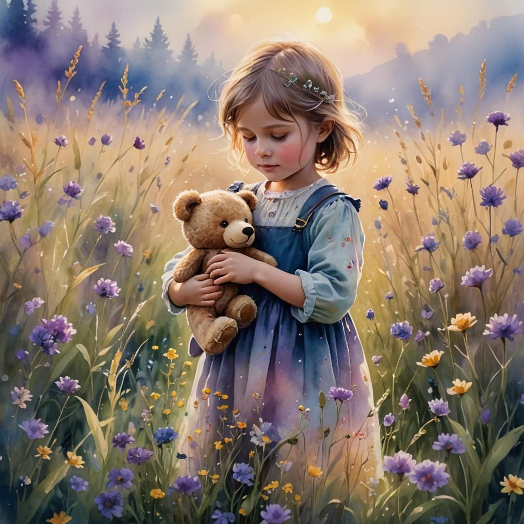Child with Teddy Bear: Whimsical Watercolor Art
