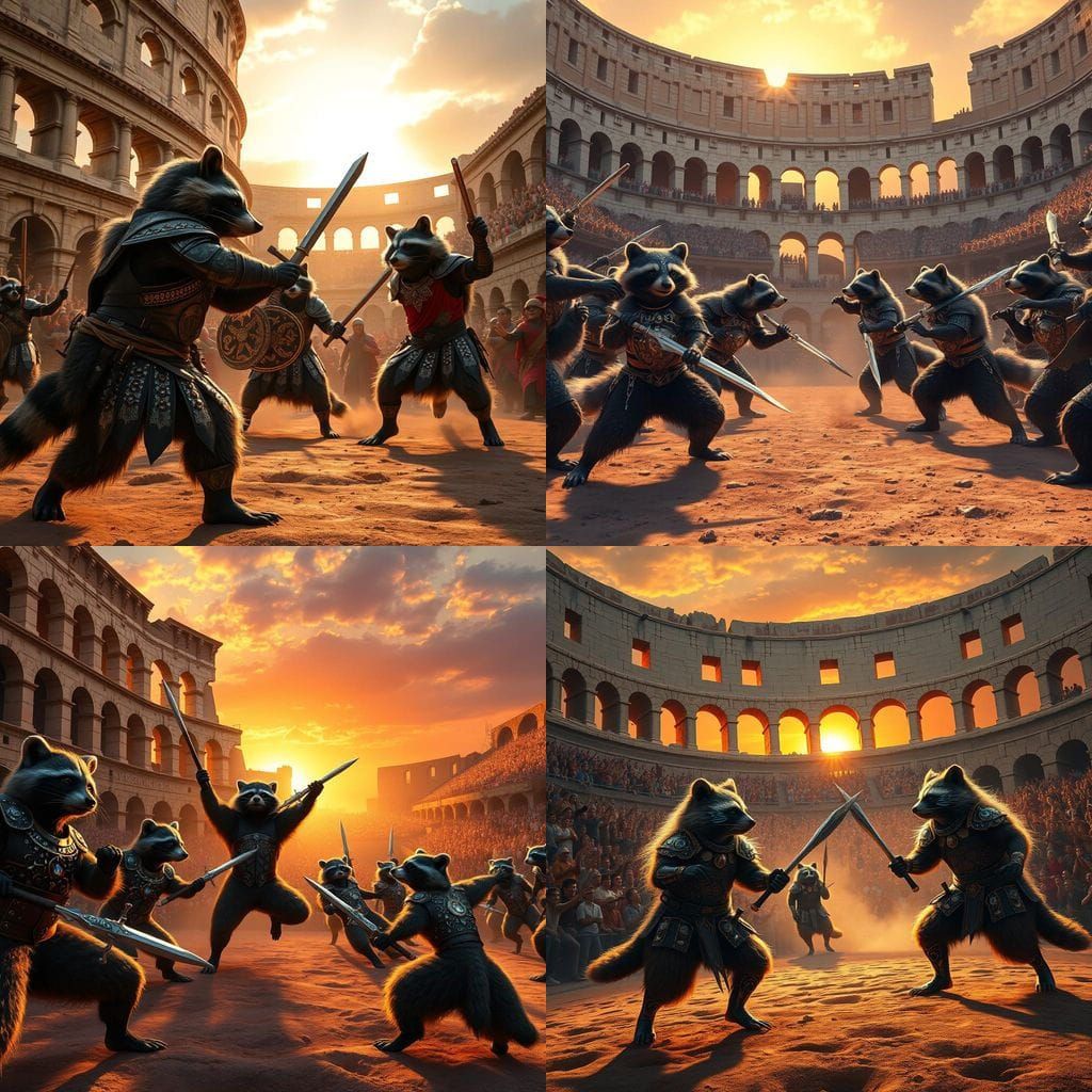 Raccoon Gladiators Clash in Ancient Colosseum Spectacle