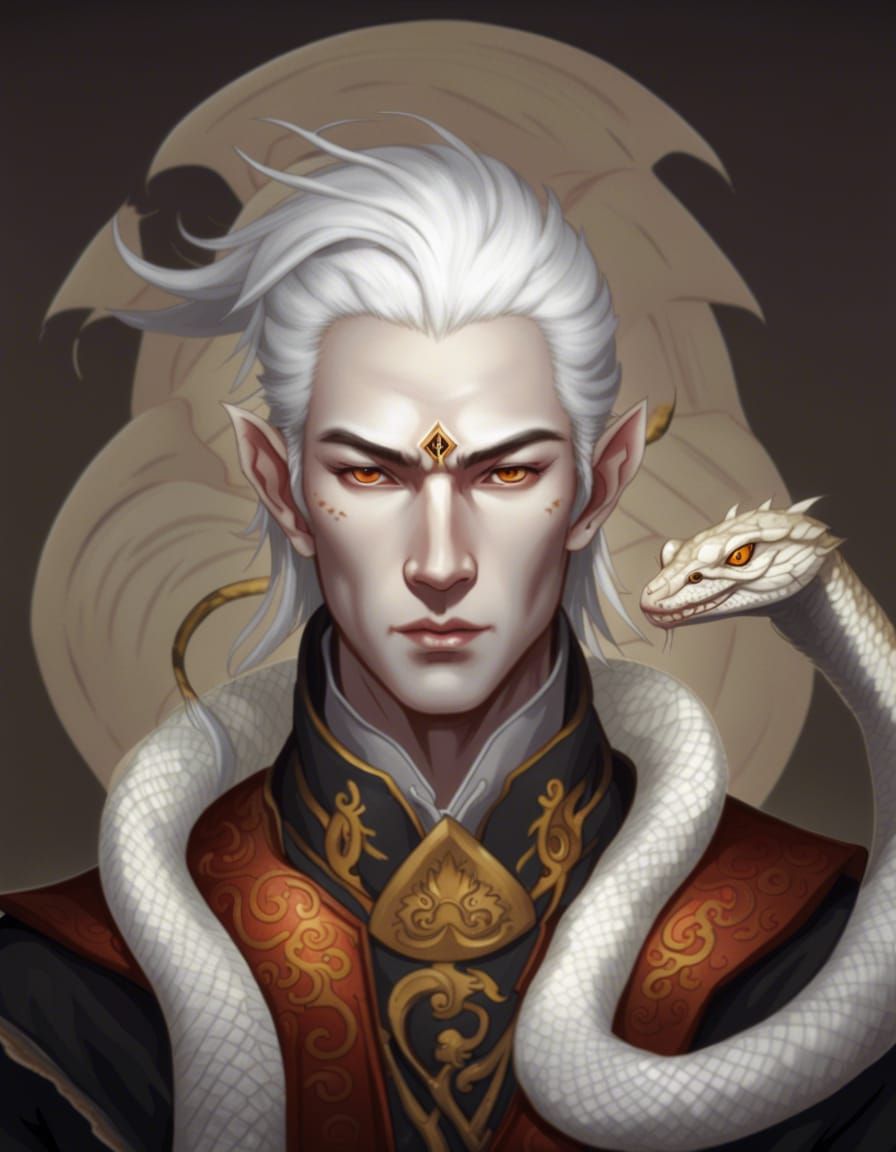 Pale Yuan-Ti Sorcerer Portrait with White Snake