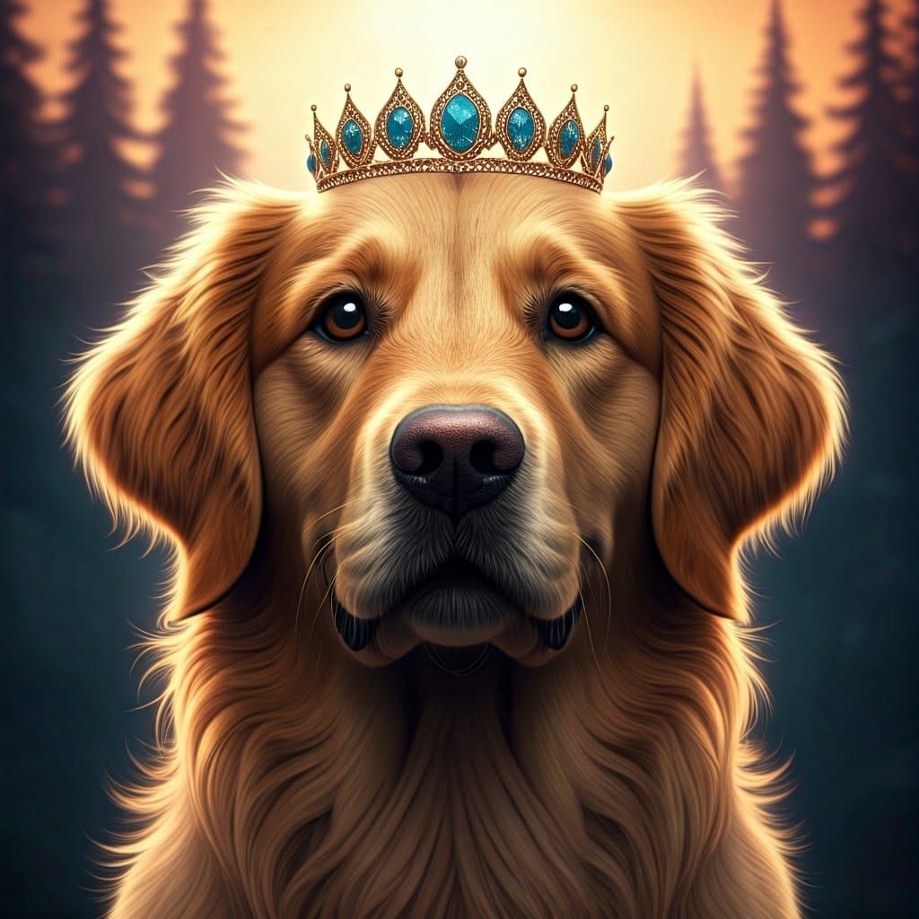 Golden Retriever King in Fantasy Landscape