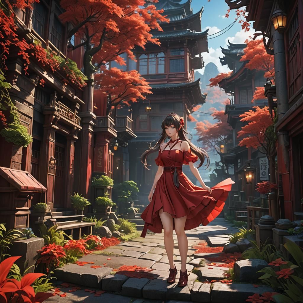 Anime Girl in Red Dress: Detailed Matte Painting