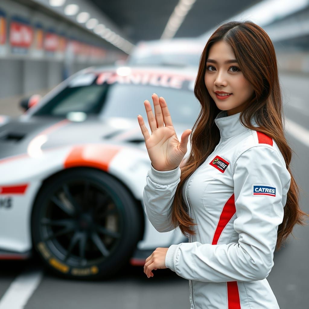 Beautiful Woman in Racing Suit on Racetrack