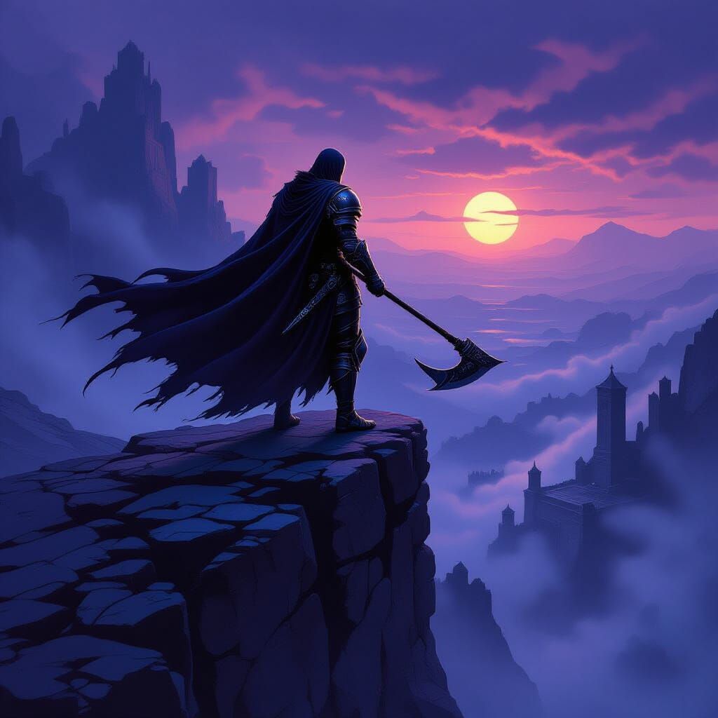 Lone Knight on Desolate Peak in Dark Fantasy Style