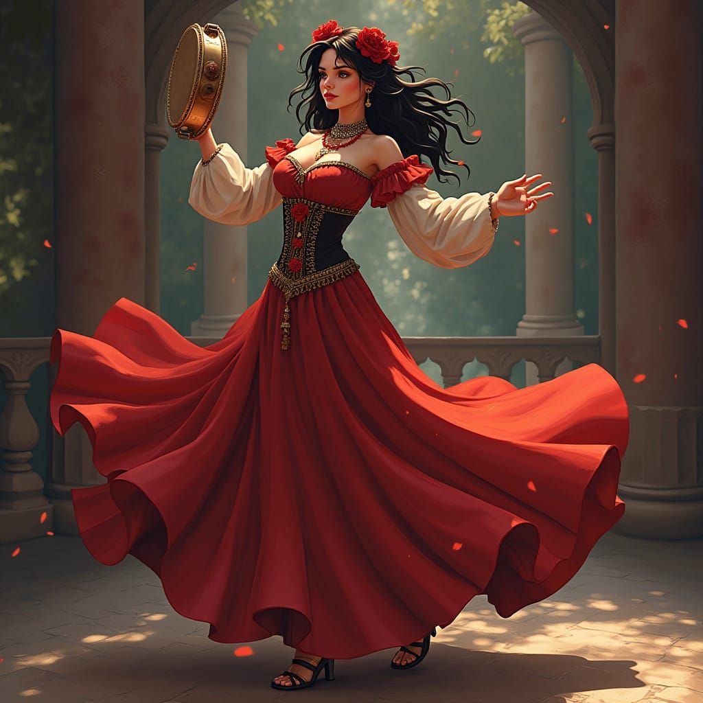 French Gypsy Dancer in Flat Anime Style