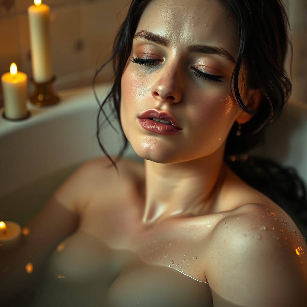 Hyper-Realistic Bath Scene with Woman Submerged in Serene Wa...